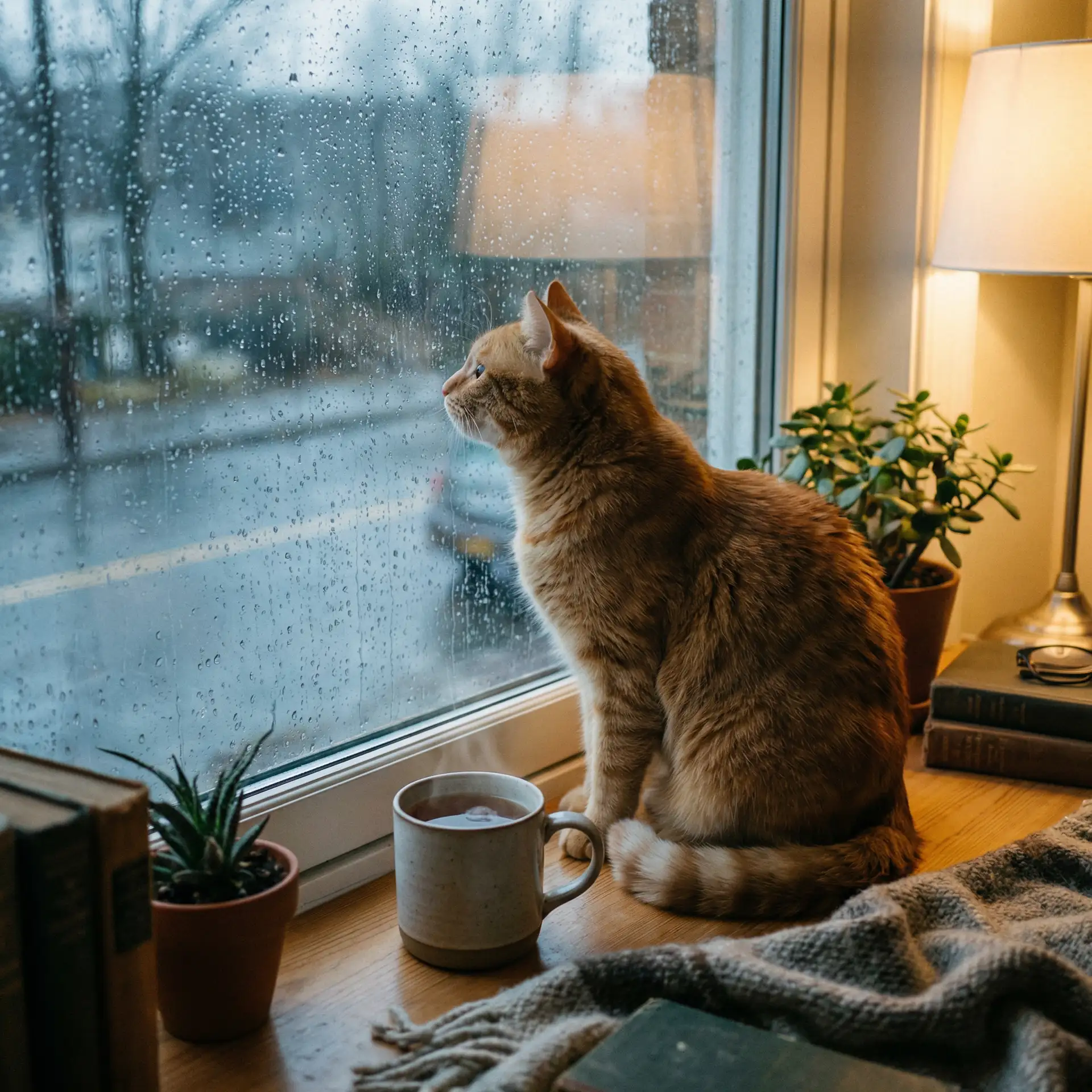 猫咪望着窗外的雨 - 傻子有个大东西很粗